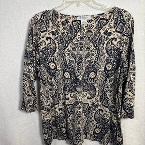 Liz Claiborne Women's Elegant Dark Blue & Cream Paisley Patterned Top 2x